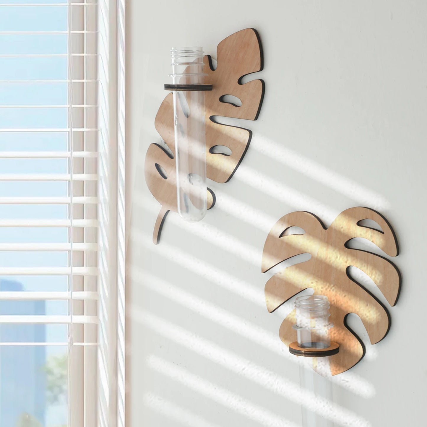 1/2 Pcs Wooden Monstera Leaf Shape Wall Mounted Hydroponics Tubes - Brand New