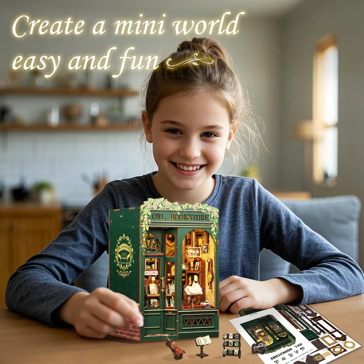 CUTEBEE Owl Bookstore DIY Book Nook w/LED Lights - Brand New