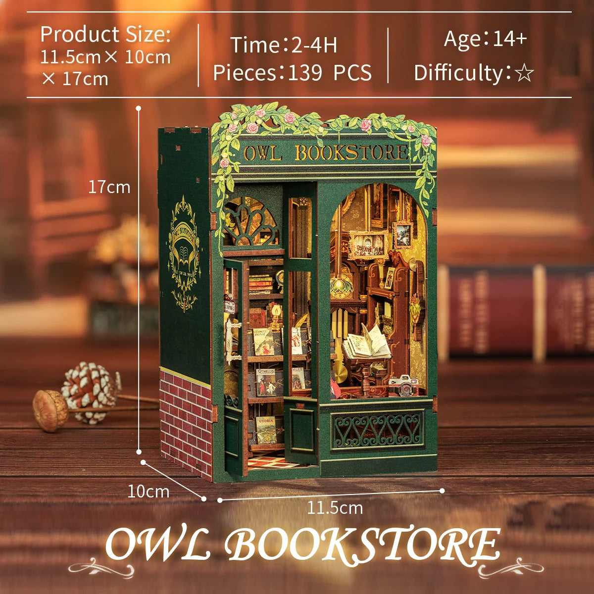 CUTEBEE Owl Bookstore DIY Book Nook w/LED Lights - Brand New