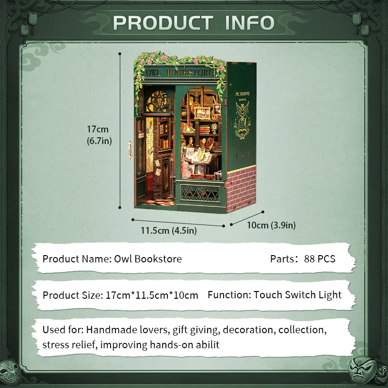 CUTEBEE Owl Bookstore DIY Book Nook w/LED Lights - Brand New