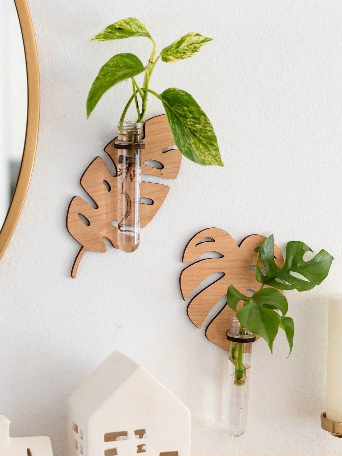 1/2 Pcs Wooden Monstera Leaf Shape Wall Mounted Hydroponics Tubes - Brand New