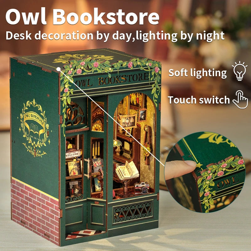 CUTEBEE Owl Bookstore DIY Book Nook w/LED Lights - Brand New