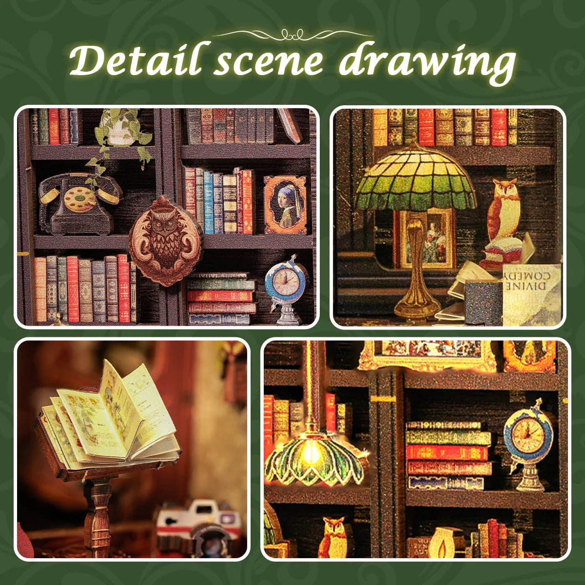 CUTEBEE Owl Bookstore DIY Book Nook w/LED Lights - Brand New