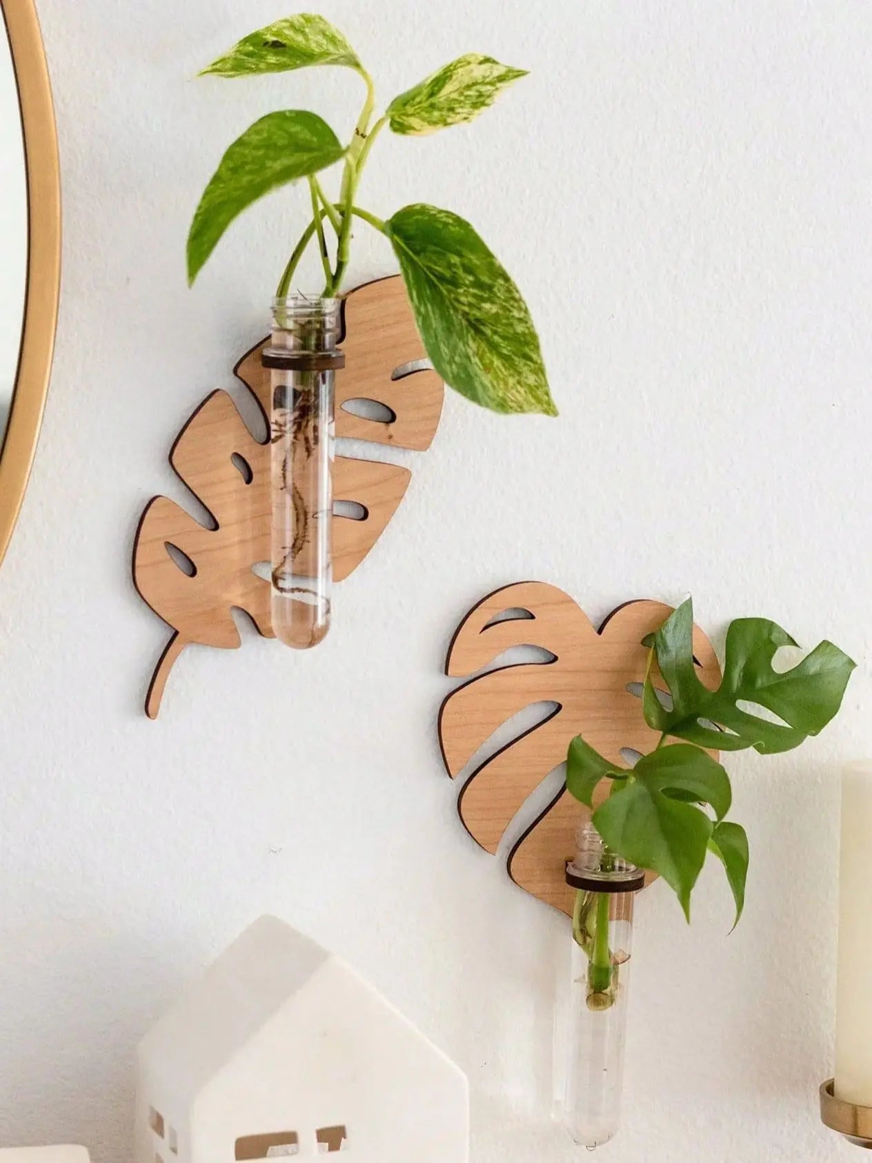 1/2 Pcs Wooden Monstera Leaf Shape Wall Mounted Hydroponics Tubes - Brand New
